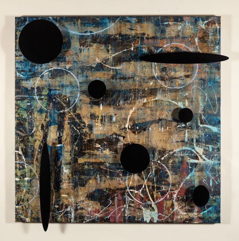 Beyond Time, Acrylic, Resin and Metal Shapes on Canvas 56 x 56 inches