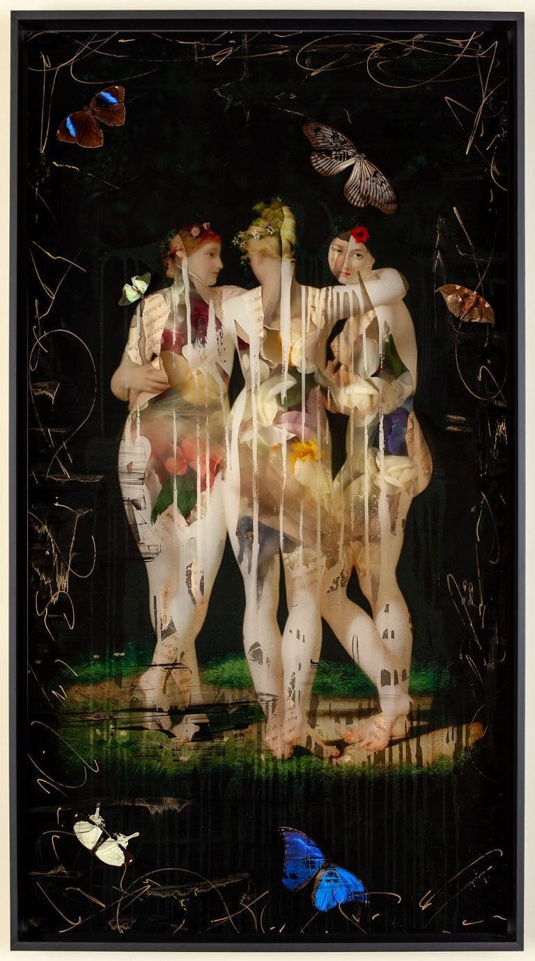 Bouquet, 40x20 Hand-Embellished with ink and butterflies on metal