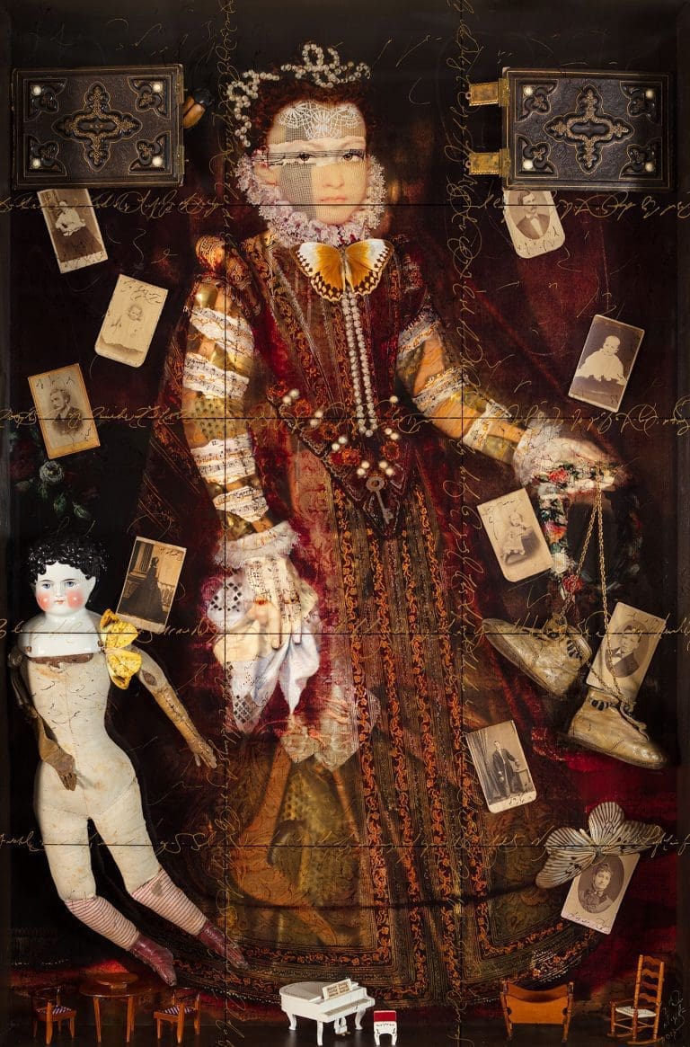 Cherished Memories of Cornell's lost Muse 51x34 Layered Mixed Media, antique objects, butterflies and acrylic