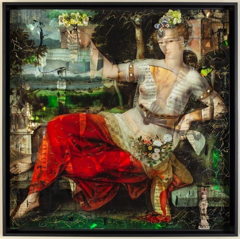 La Boheme, 28x28 Hand-Embellished with ink and butterflies on metal