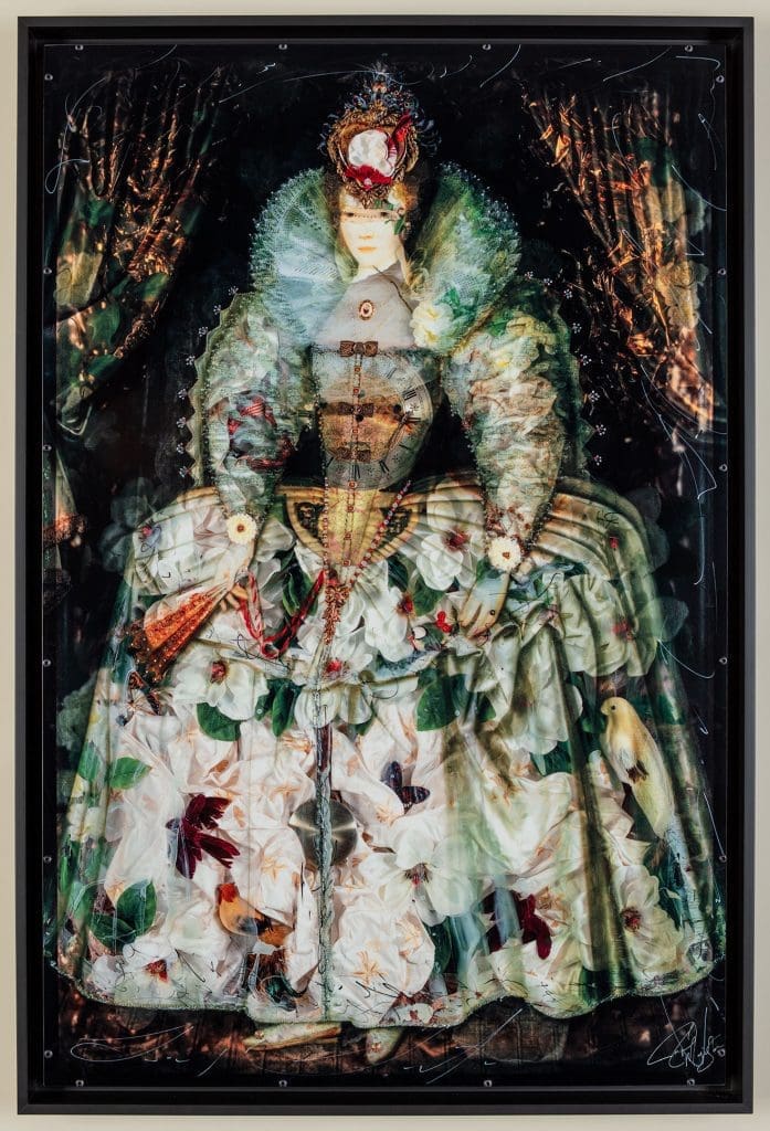 Lady Blossom, Ink on Metal with Hand Embellishment 37 x 25"