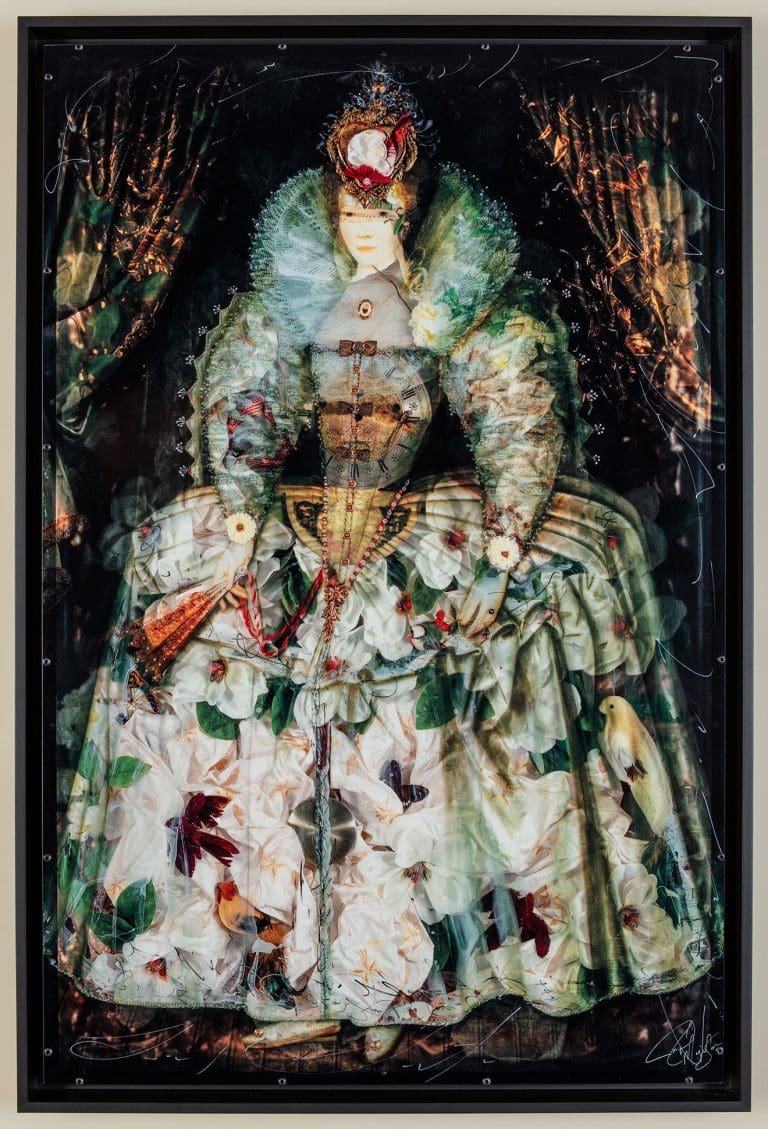 Lady Blossom, Ink on Metal with Hand Embellishment 37 x 25"