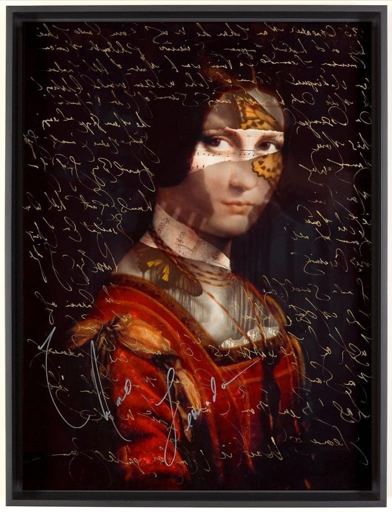 My Davinci, 24x18 Hand-Embellished with ink and butterflies on metal