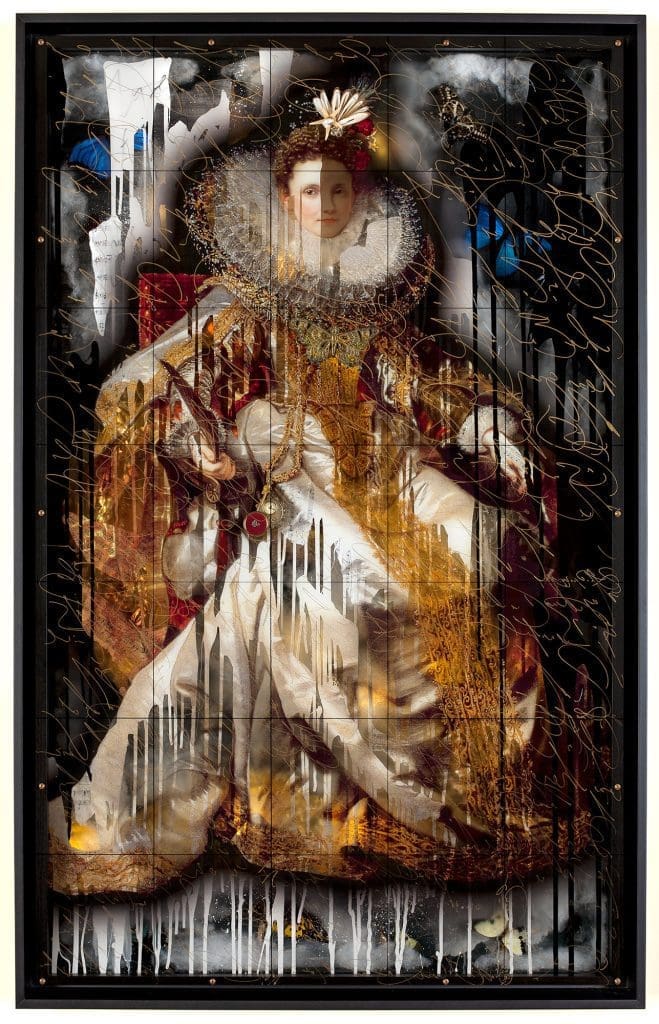 The Messenger, 37x25 Hand-Embellished with ink and butterflies on metal