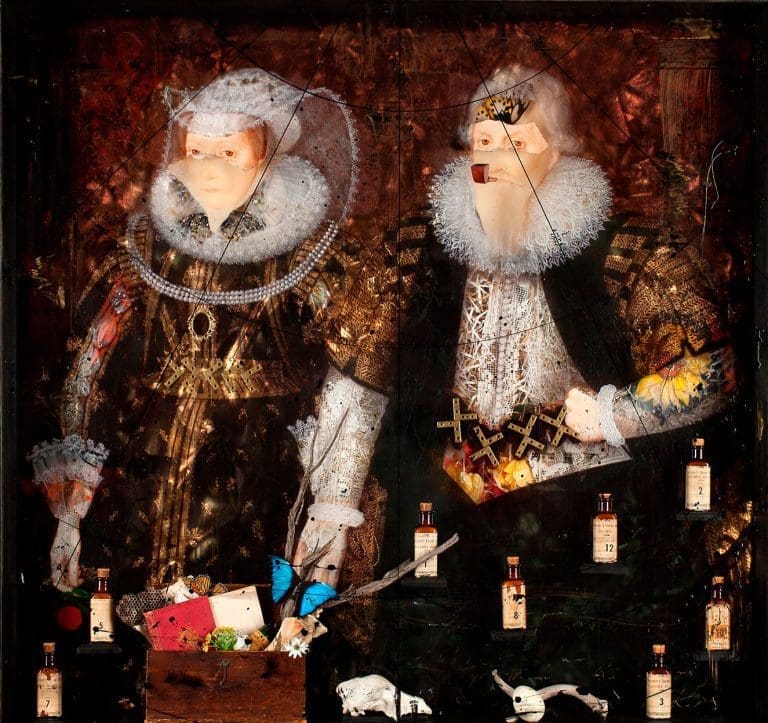 Alchemy 50 x 53, Acrylic, Layered mixed media of antique bottles, pipe, butterflies, animal bones, etc.