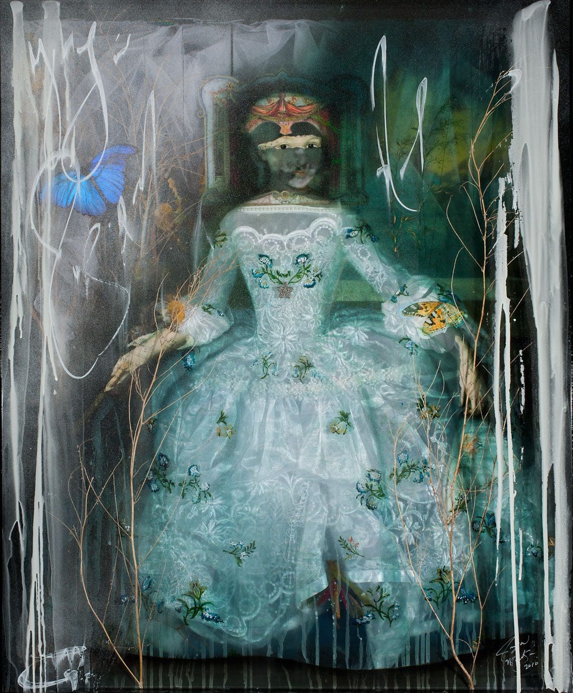Tis But a Brief Moment 28 x 23 Layered Mixed media with fabric, antique objects, butterflies, acrylic and working music box