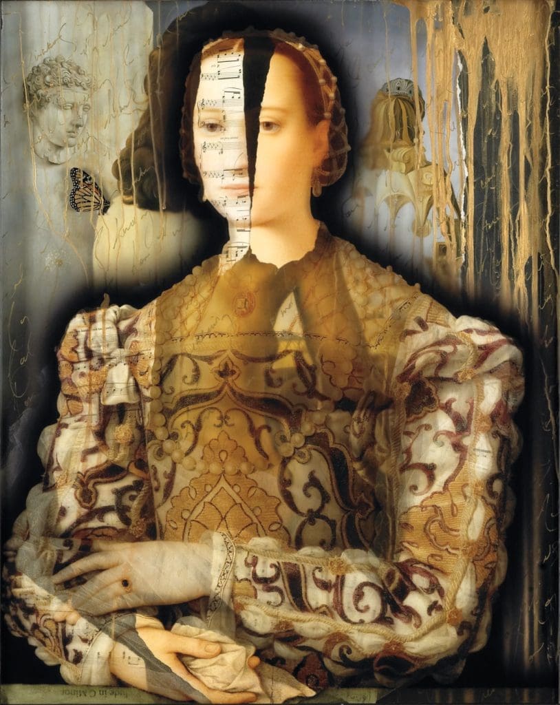 Daliesque 37 x 31, Layered Mixed Media with music sheets, fabric, antique objects and butterflies