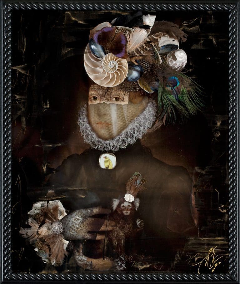 Gaia 26 x 22, Layered Mixed Media with fabric, seashells, feathers, antique objects, butterflies, wasp nest, etc.