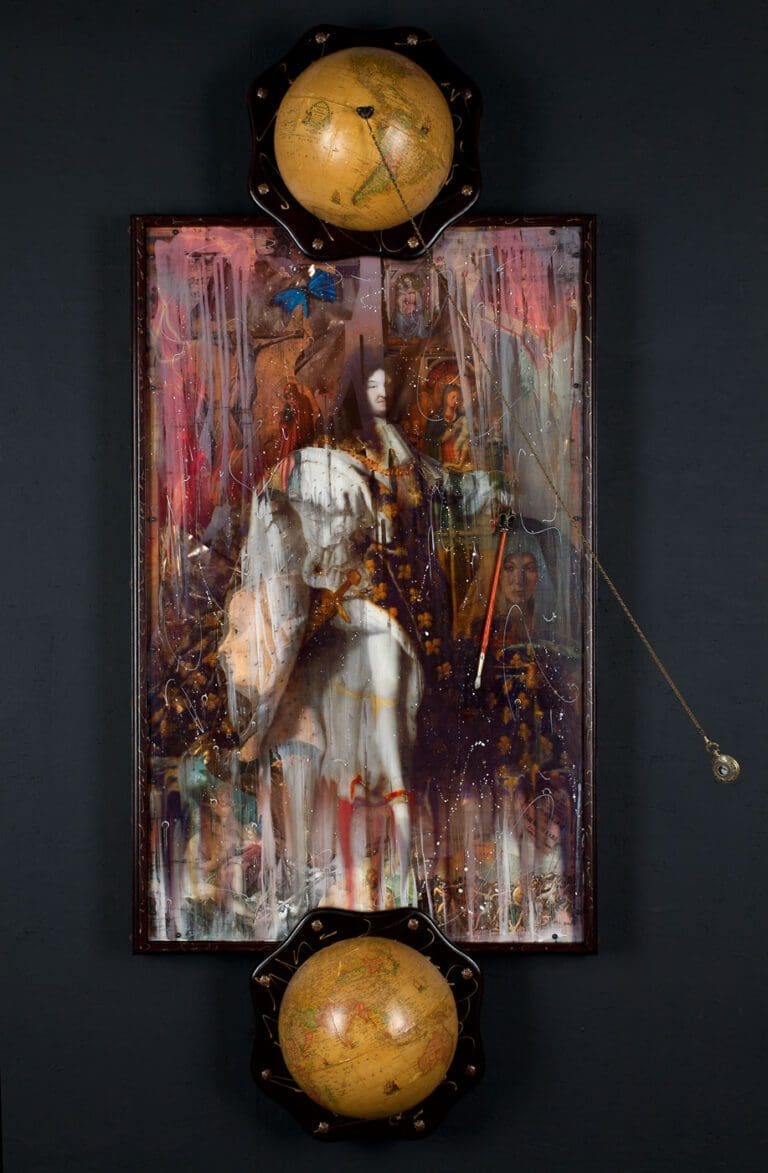 The King of Creation 77 x28 Layered Mixed Media with antique objects, antique globe, butterflies, pocket watch, etc. Collection: Black Coffee Gallery and Museum, Oaxaca, Mexico
