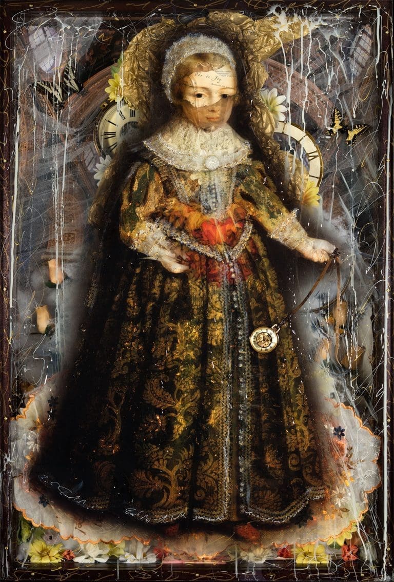 Once Upon a Timeless, 39 x 29, Layered Mixed Media with antique objects, fabrics, clocks, butterflies, etc.