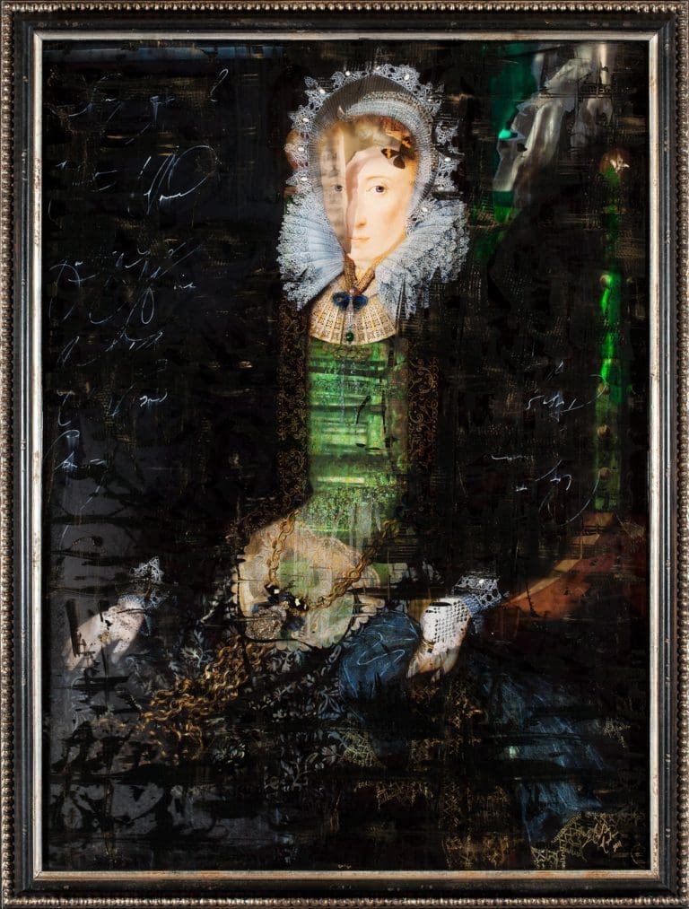 Our Eternity Begins Now, 53 x 38, Layered Mixed Media with fabrics, antique objects, butterflies, etc.