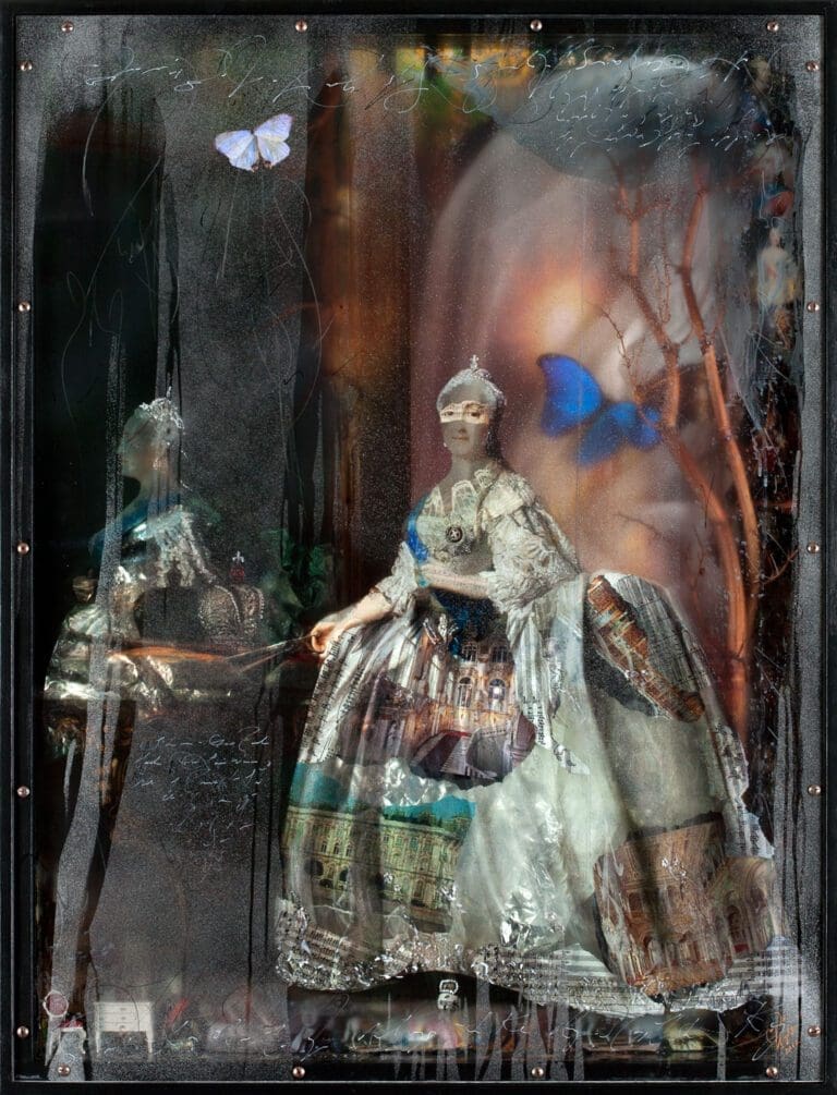 Reflection 43 x 33, Layered Mixed Media with antique objects, butterflies, mirrors, etc. Permanent Collection, Tsukanov Family Foundation, New York