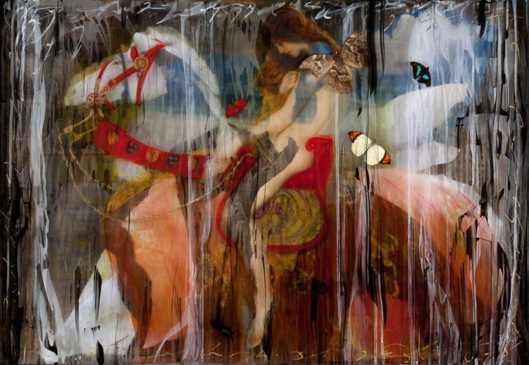 Return of Pegasus 35 x 48 Layered Mixed Media with antique objects, butterflies, etc. Collection Alpina Gstaad, Switzerland