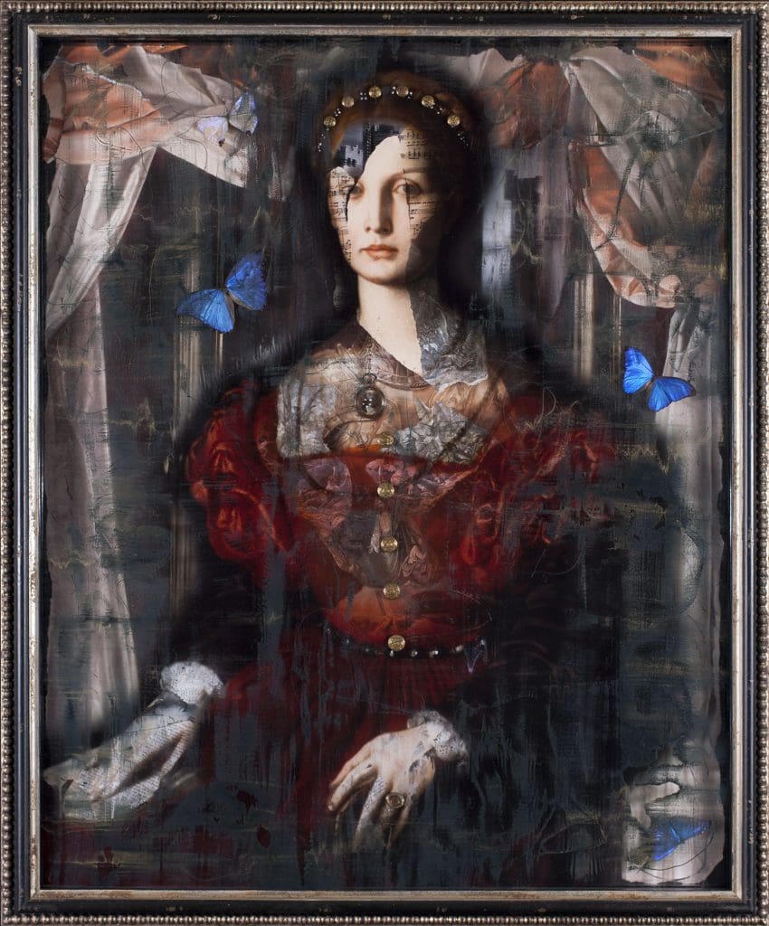 Strength and Honor 53 x 44, Layered Mixed Media with fabrics, antique