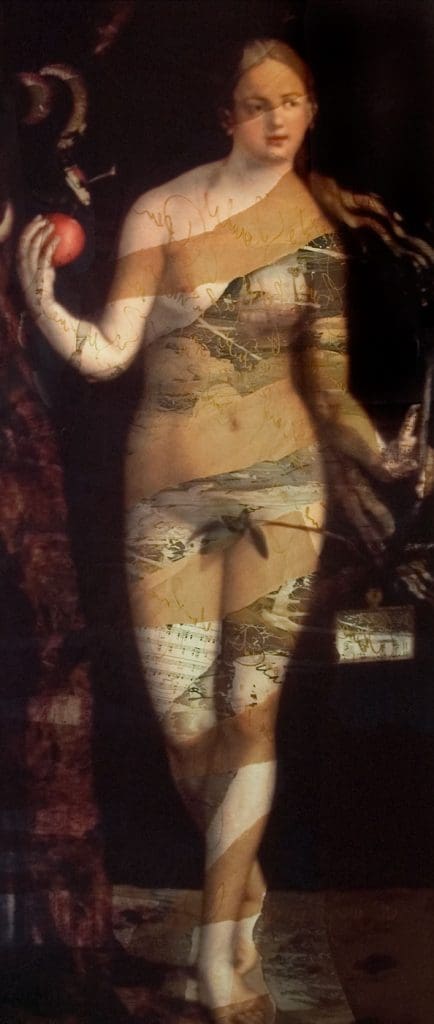 Temptation 66 x 27, Layered Mixed Media with fabric, antique objects, butterflies, etc.