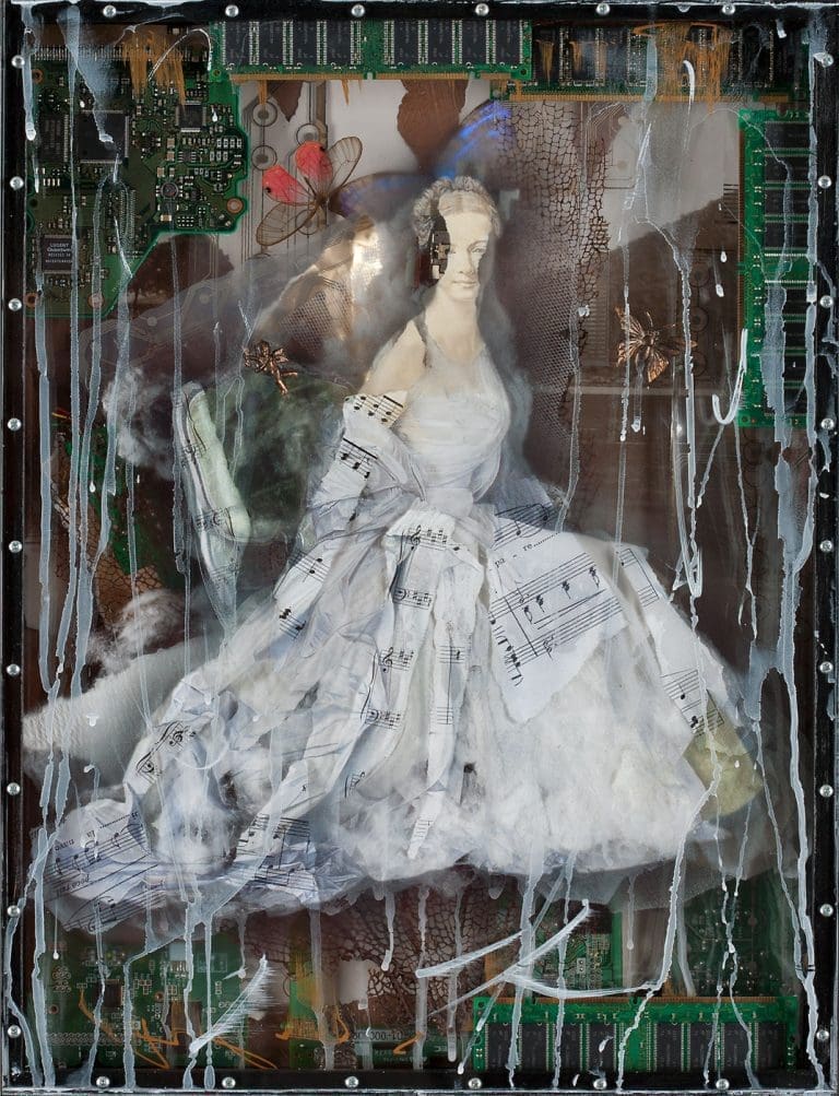 The Oracle 20 x 15, Layered Mixed Media with computer parts, antique objects, butterflies, etc.