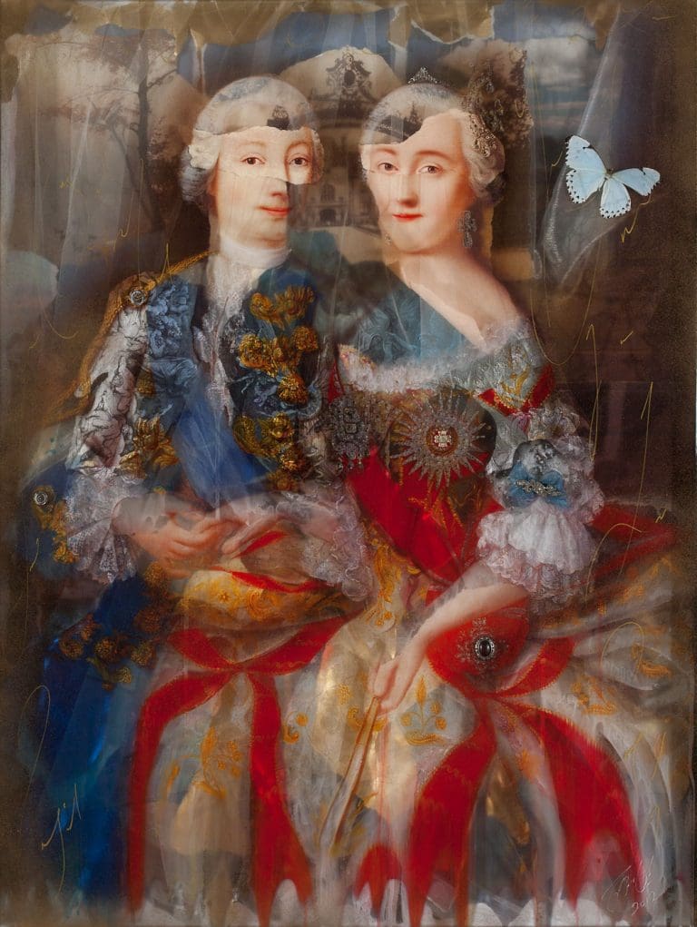 Together We'll Make History 47 x 36, Layered Mixed Media with antique objects, butterflies, fabrics, fans, etc.