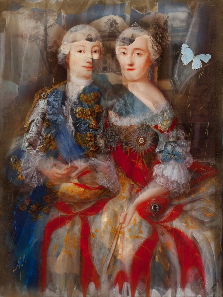 Together We'll Make History 47 x 36, Layered Mixed Media with antique objects, butterflies, fabrics, fans, etc.