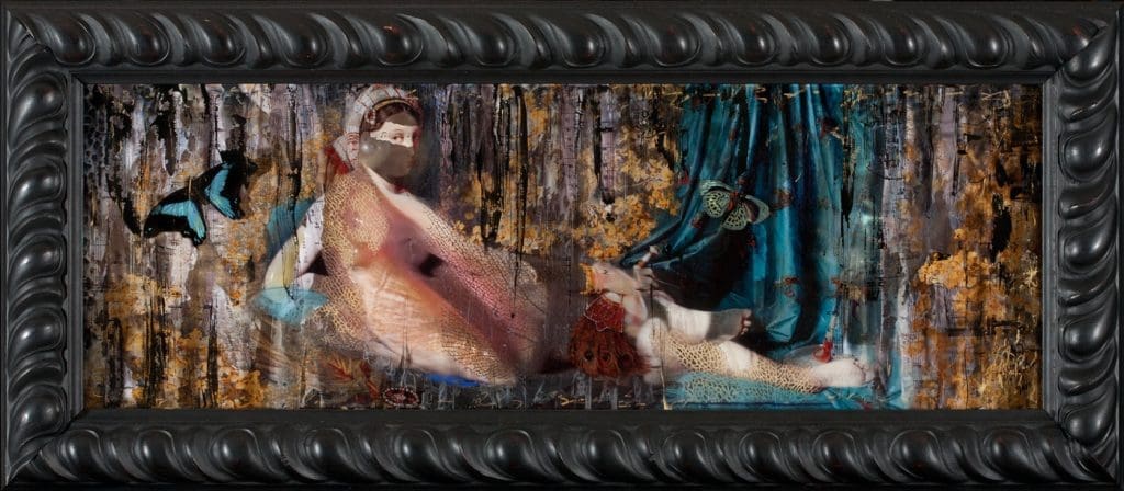 Paradise Within 14 x 30, Layered Mixed Media with antique objects, seashells, fabrics, butterflies, etc.