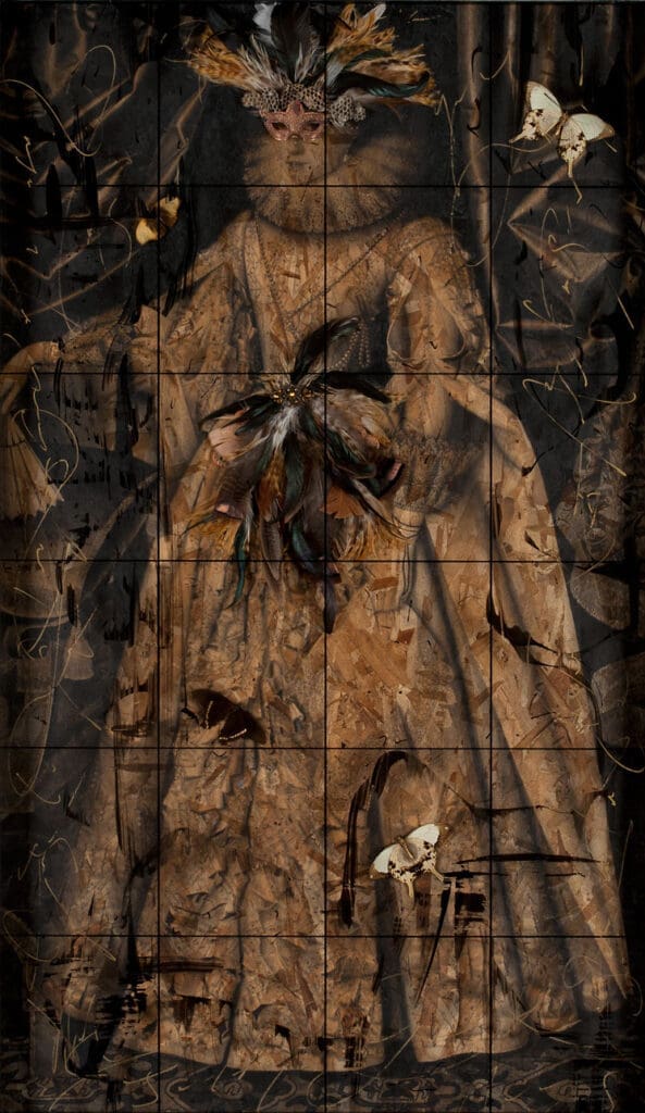 Queen of Masquerade, layered mixed media, 60 x 35