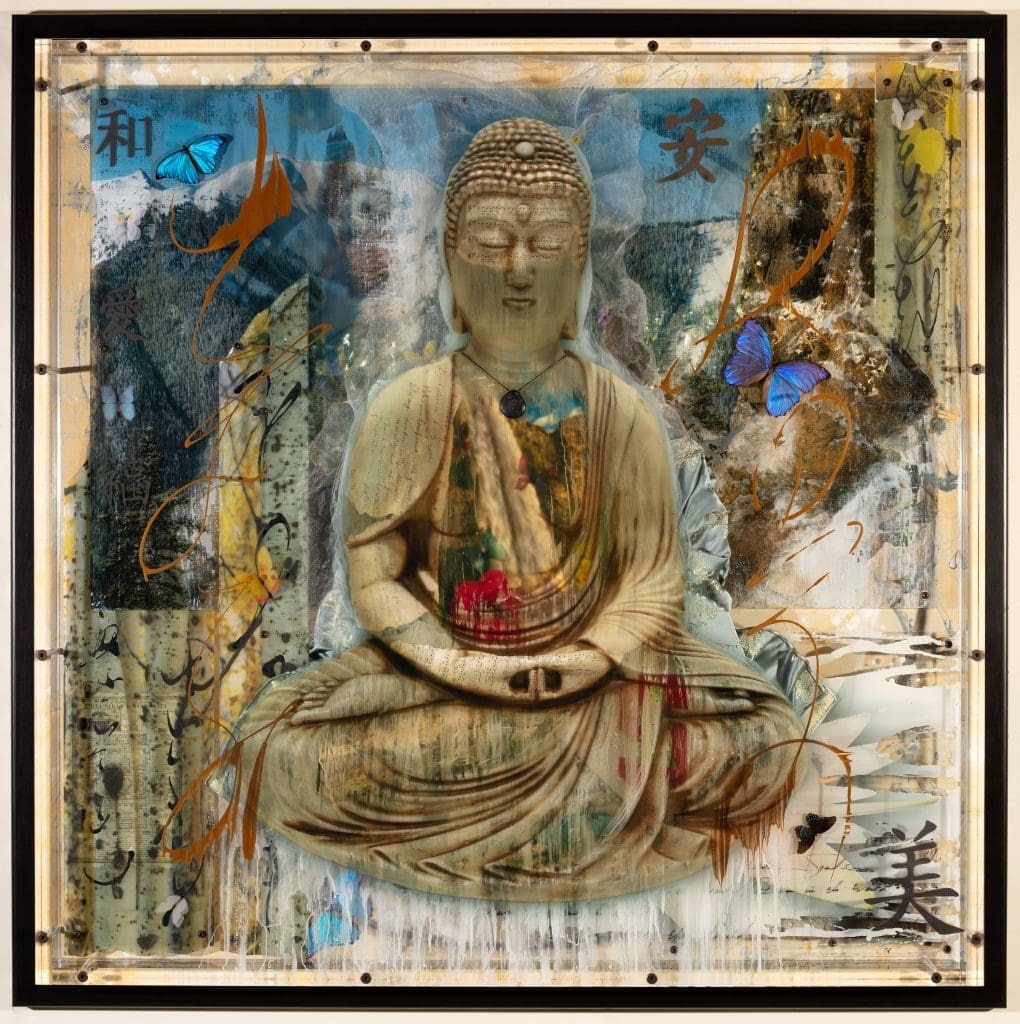 Harmony's Grace 60 x 60 Layered Mixed Media with LED lights with butterflies, collage, antique objects, etc.