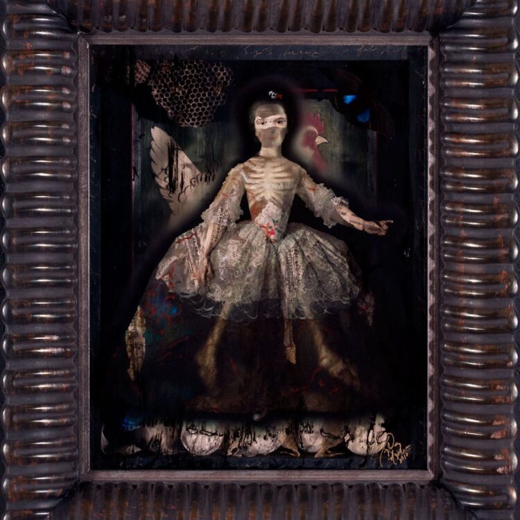 Metamorphosis, Layered Mixed Media with eggs, bones, wasp nest etc. 24x21 inches