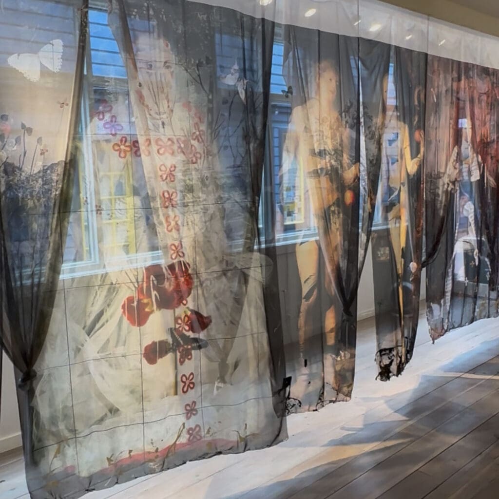 Layers of Discovery Transparent Layers of Fabric, Acrylic, Ink and Butterflies 9 x 25 feet